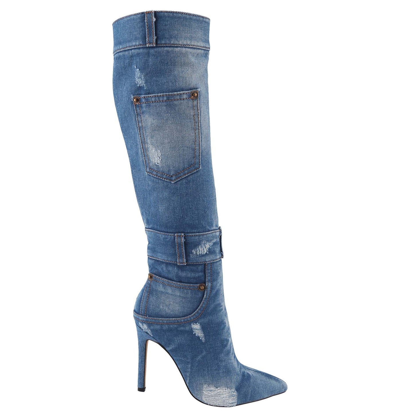 Women's Denim High-Heeled Mid-Calf Boots Pointed Toe, Comfortable Rubber Padded Sole, Elegant Casual Footwear (Order One Size Up)