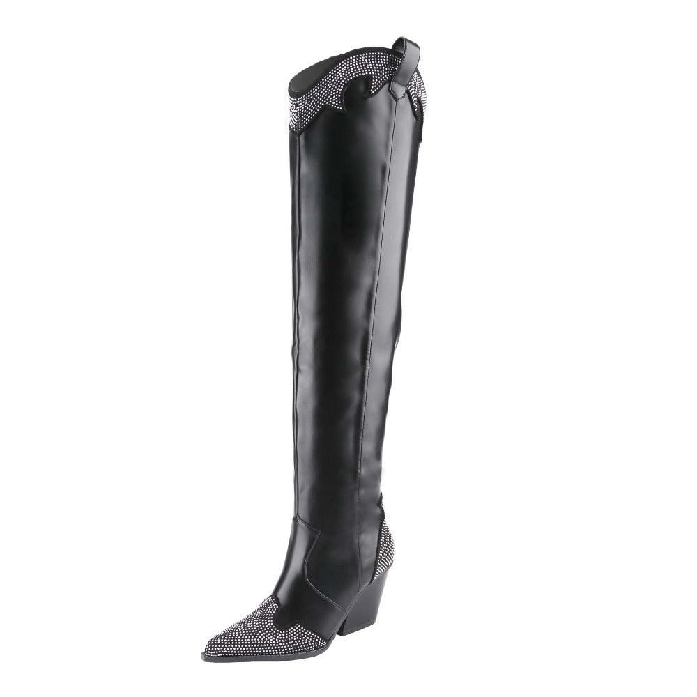 Comfortable Women's Rhinestone Long Boots Western Cowboy Style with Chunky Mid Heel and Pointed Toe