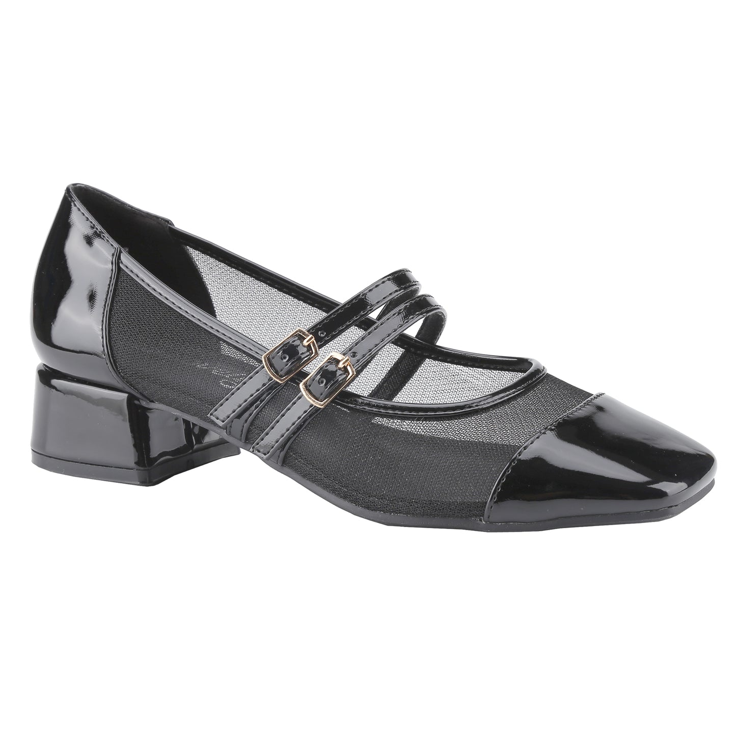 Women's block-heeled square-toe heels, Mary Jane shoes with mesh and patent leather panels, mid-heel double buckled sandals