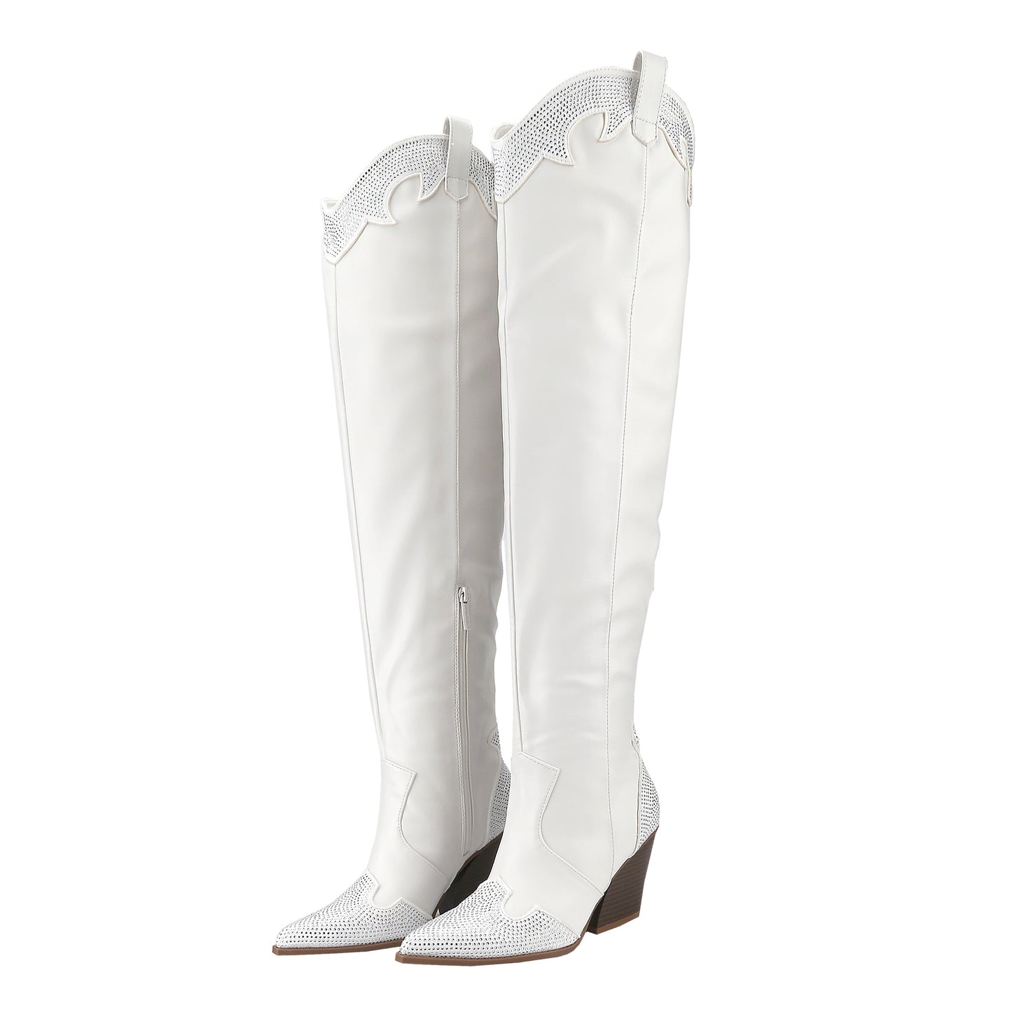 Comfortable Women's Rhinestone Long Boots Western Cowboy Style with Chunky Mid Heel and Pointed Toe