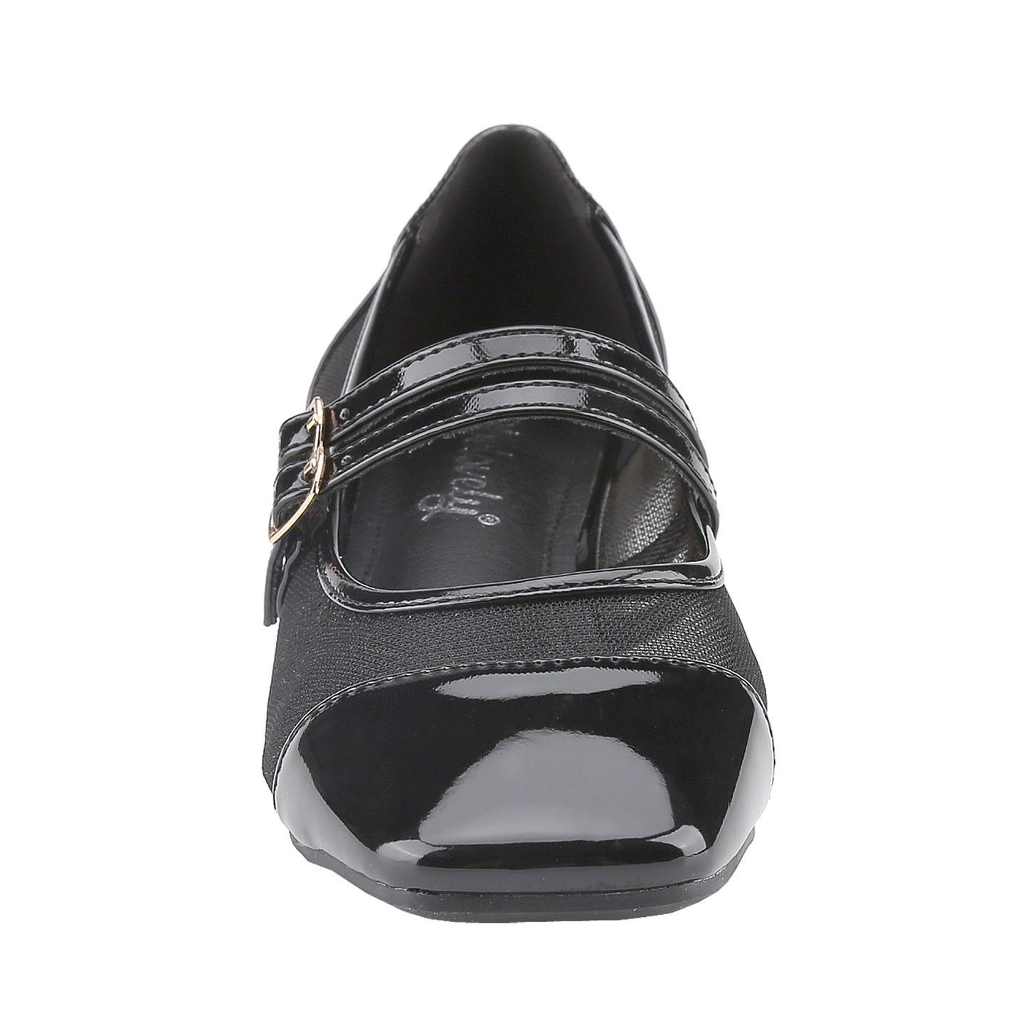 Women's block-heeled square-toe heels, Mary Jane shoes with mesh and patent leather panels, mid-heel double buckled sandals