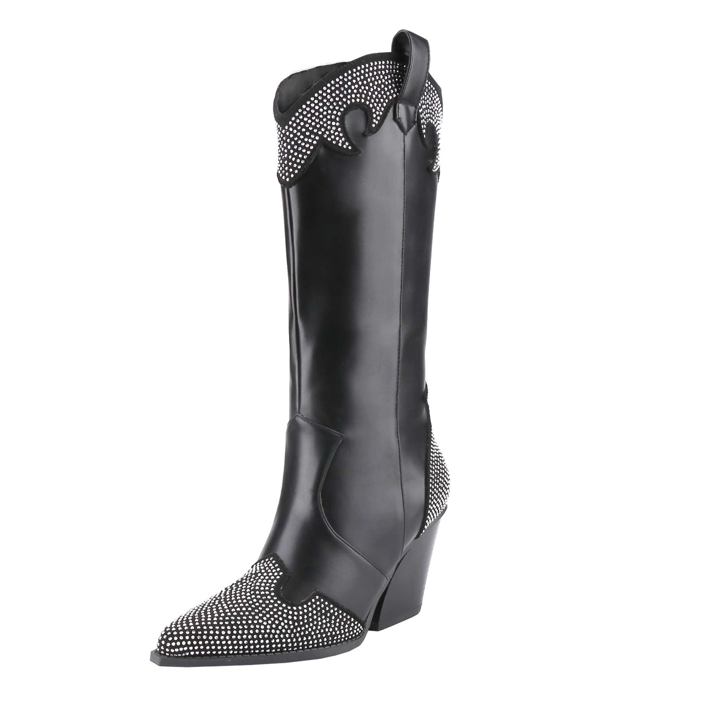 Western-Inspired Women's Rhinestone Cowgirl Boots Pointed Toe with 5cm Chunky Stacked Heel and Pull-On Design