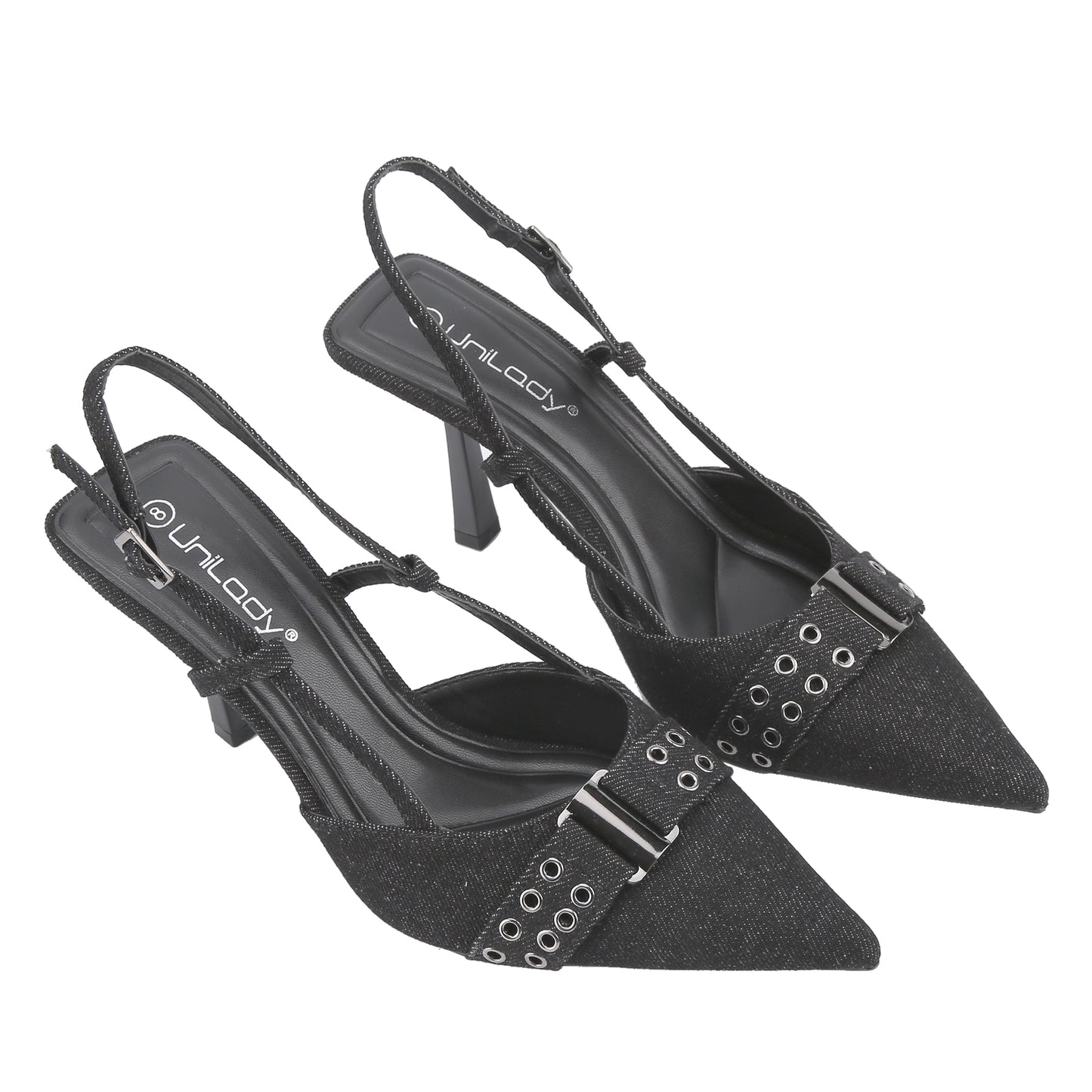 Women's Denim Slingback Stiletto Heels Pointed Toe Strappy Pumps with Ankle Buckle