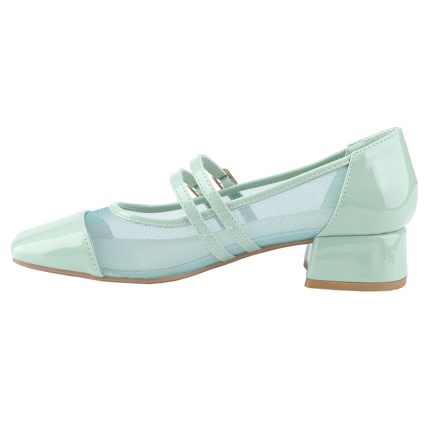 Women's block-heeled square-toe heels, Mary Jane shoes with mesh and patent leather panels, mid-heel double buckled sandals