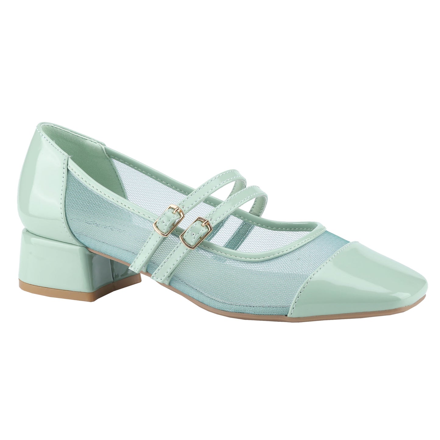 Women's block-heeled square-toe heels, Mary Jane shoes with mesh and patent leather panels, mid-heel double buckled sandals