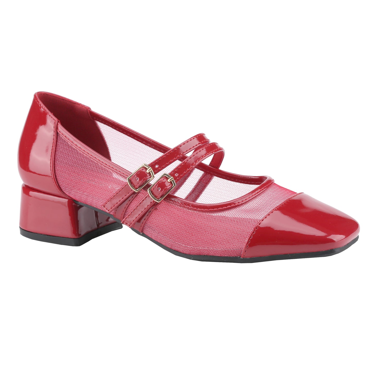 Women's block-heeled square-toe heels, Mary Jane shoes with mesh and patent leather panels, mid-heel double buckled sandals