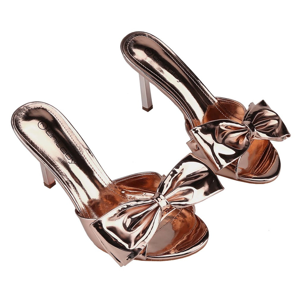 Women's stiletto sandals, big bow patent leather PU open toe dress high heels, party high heel sandals