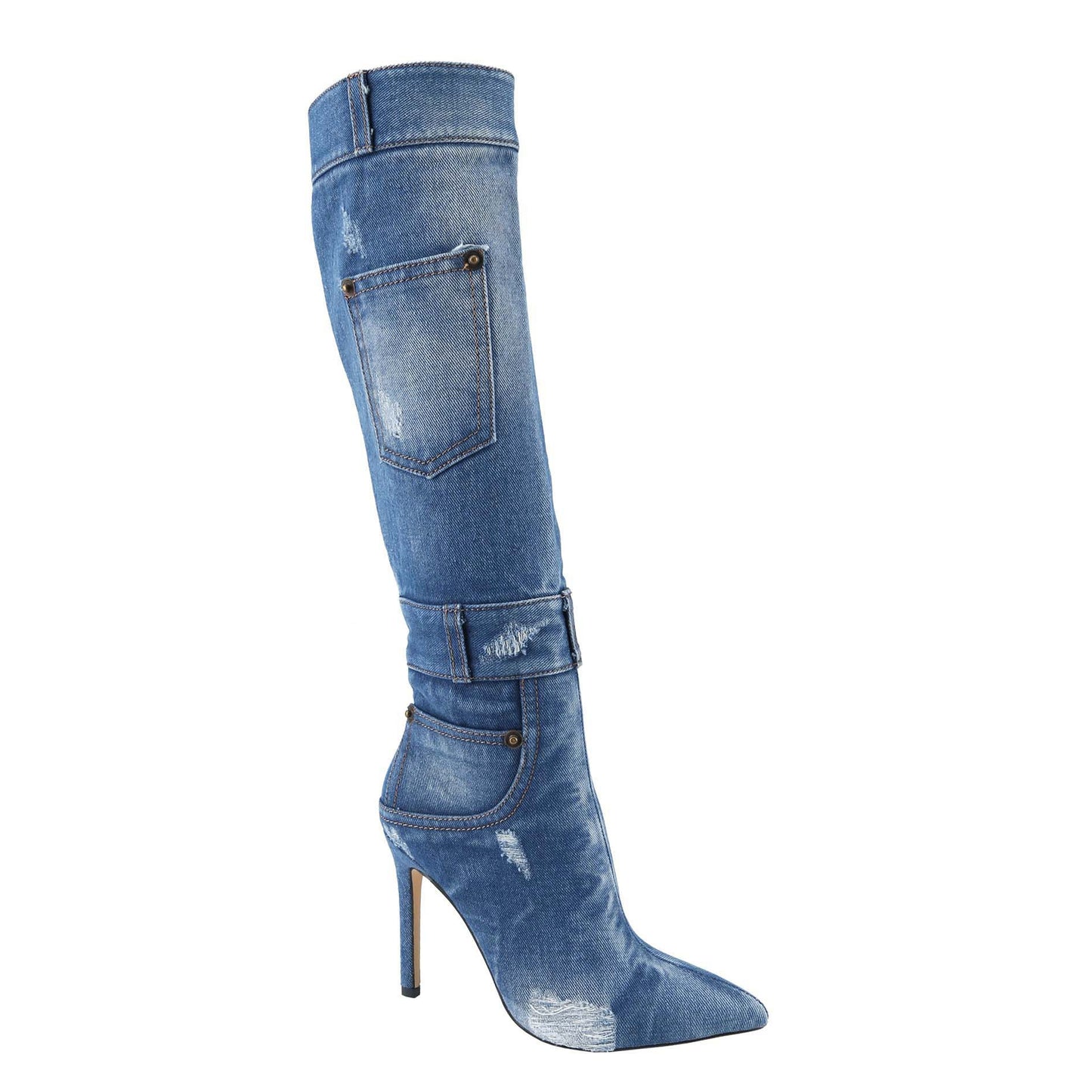 Women's Denim High-Heeled Mid-Calf Boots Pointed Toe, Comfortable Rubber Padded Sole, Elegant Casual Footwear (Order One Size Up)