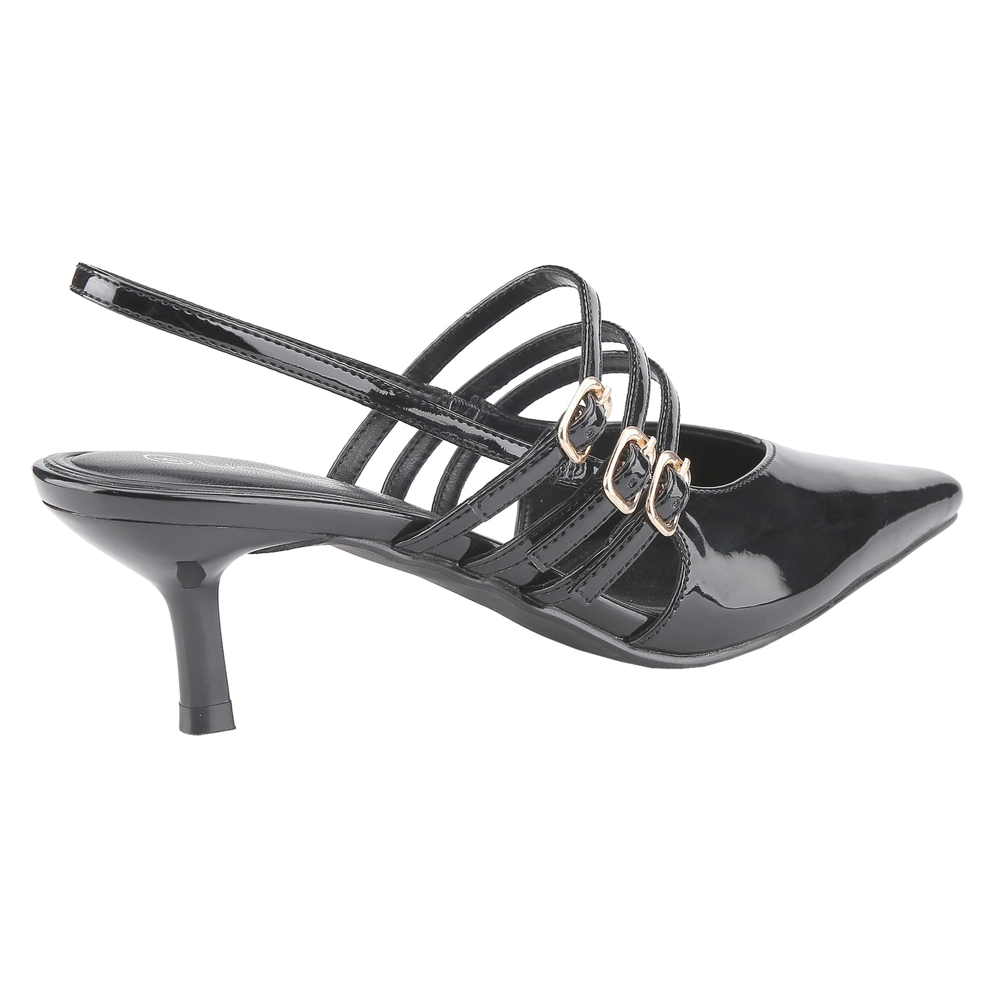 Women's pointed-toe patent leather heels, slingback ankle strap buckle sandals, low-heeled stiletto fashion party dress shoes