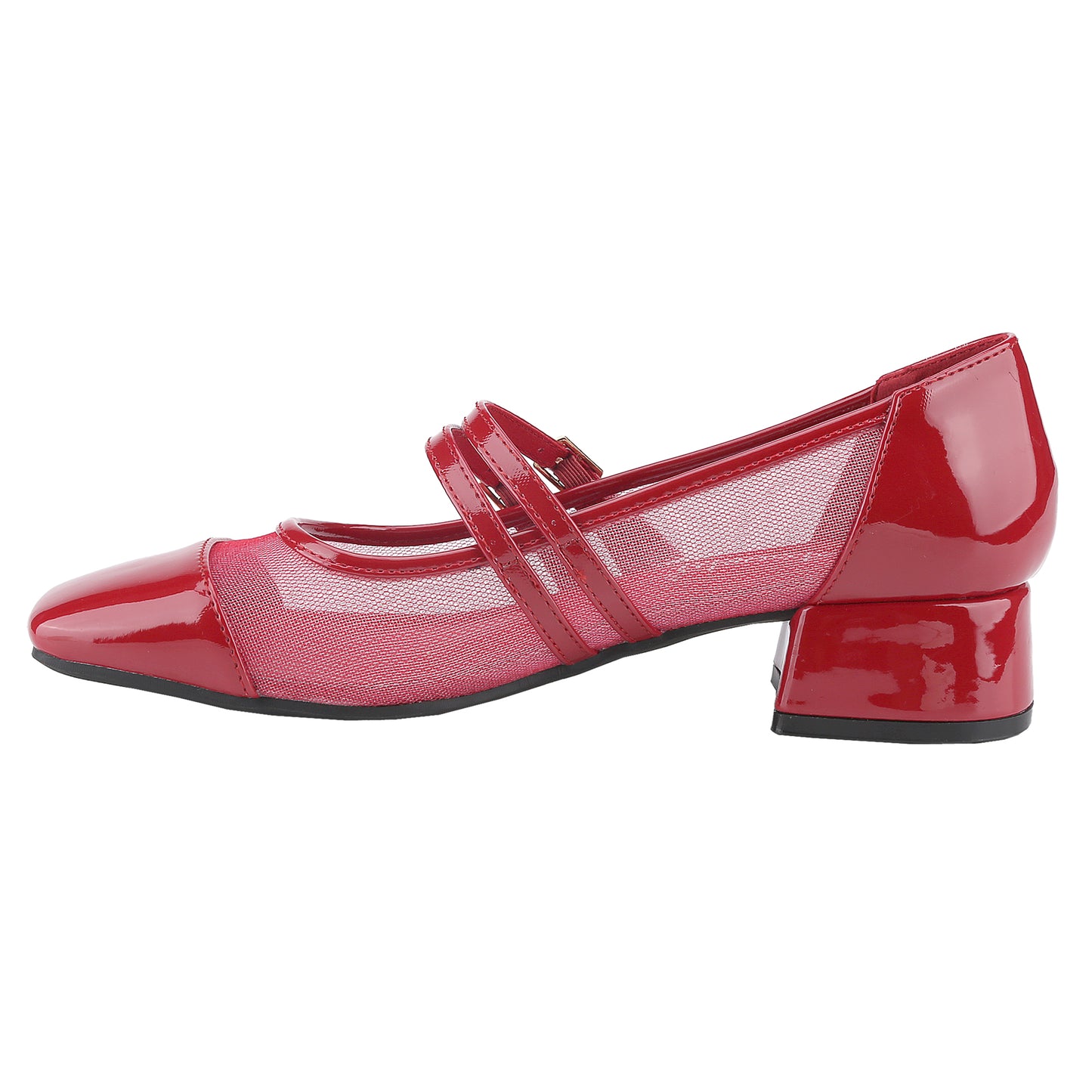 Women's block-heeled square-toe heels, Mary Jane shoes with mesh and patent leather panels, mid-heel double buckled sandals
