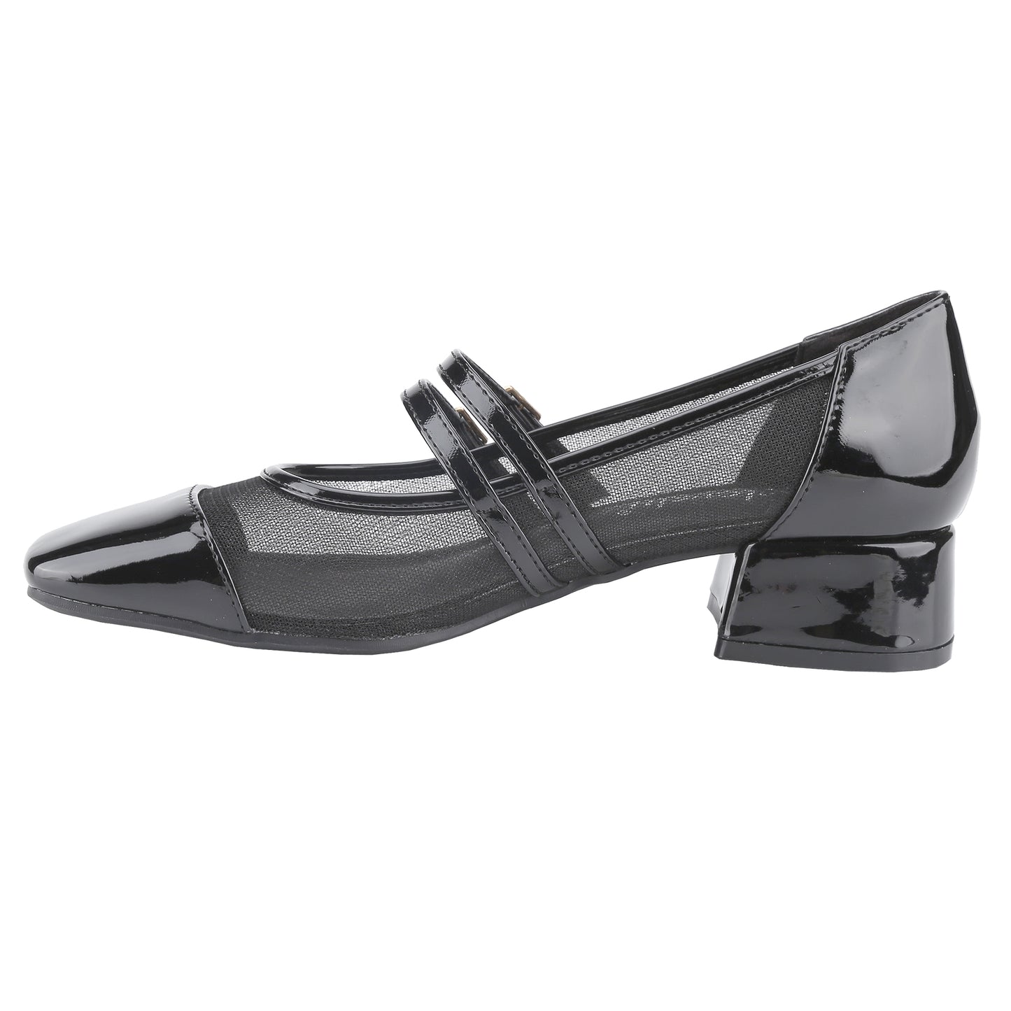 Women's block-heeled square-toe heels, Mary Jane shoes with mesh and patent leather panels, mid-heel double buckled sandals