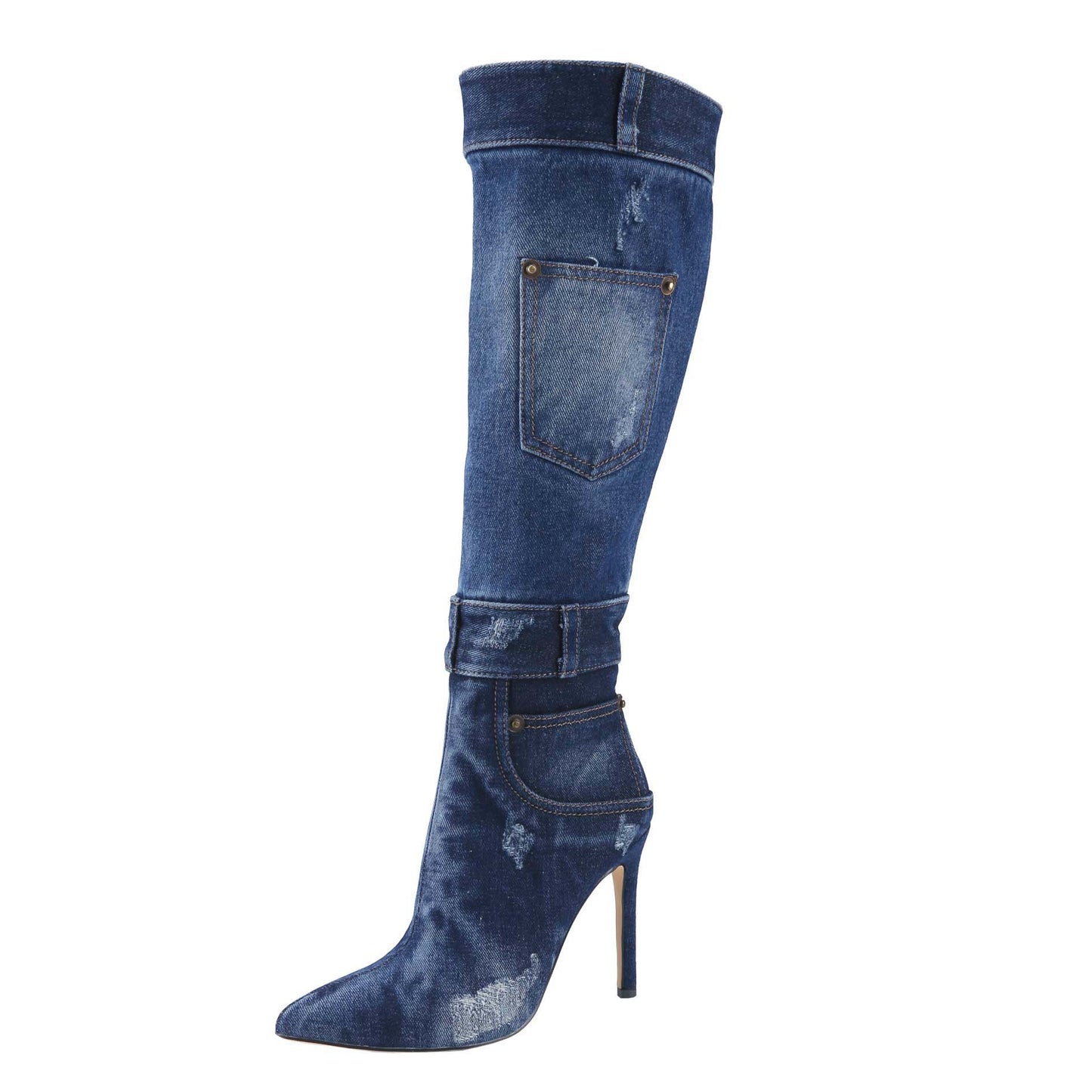 Women's Denim High-Heeled Mid-Calf Boots Pointed Toe, Comfortable Rubber Padded Sole, Elegant Casual Footwear (Order One Size Up)