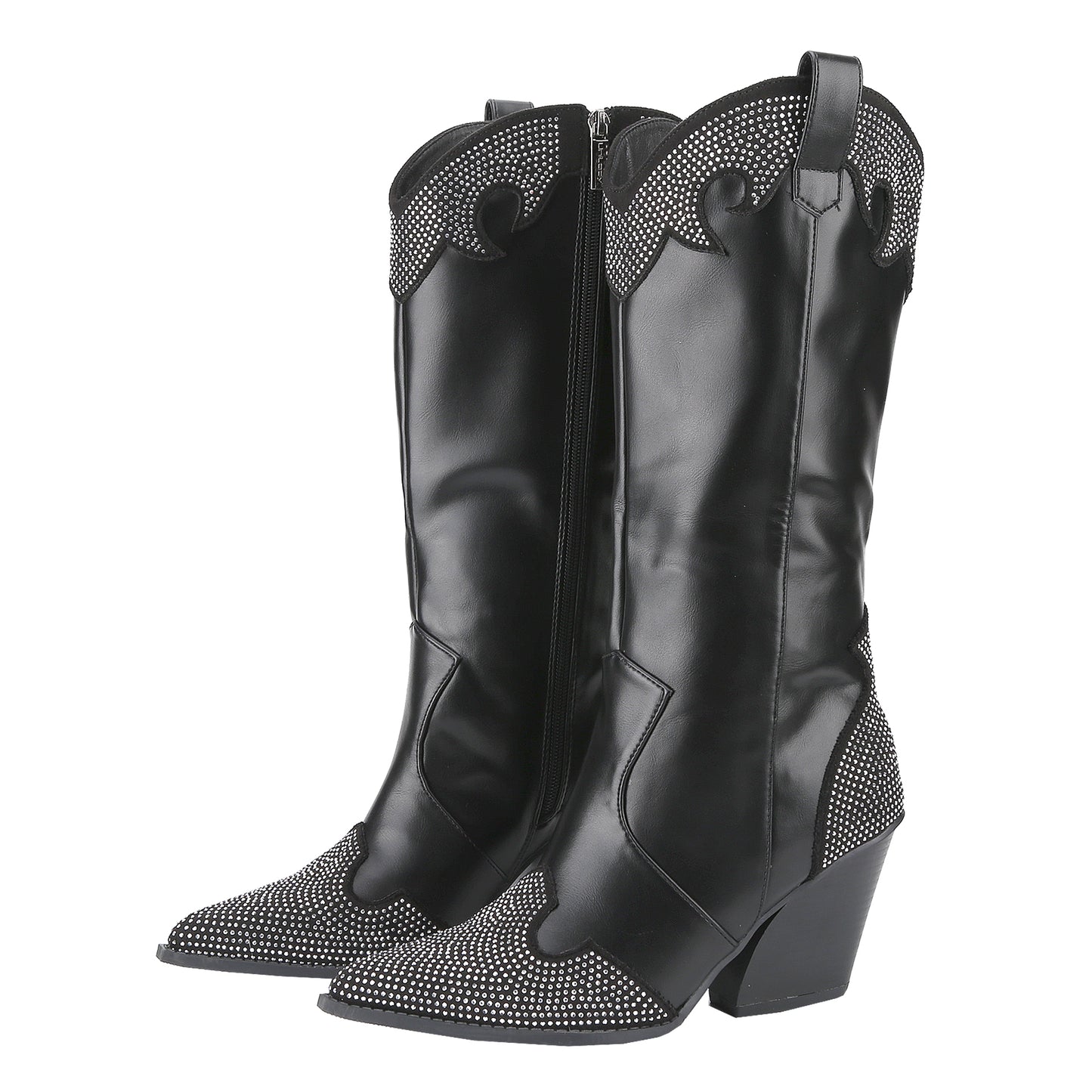 Western-Inspired Women's Rhinestone Cowgirl Boots Pointed Toe with 5cm Chunky Stacked Heel and Pull-On Design