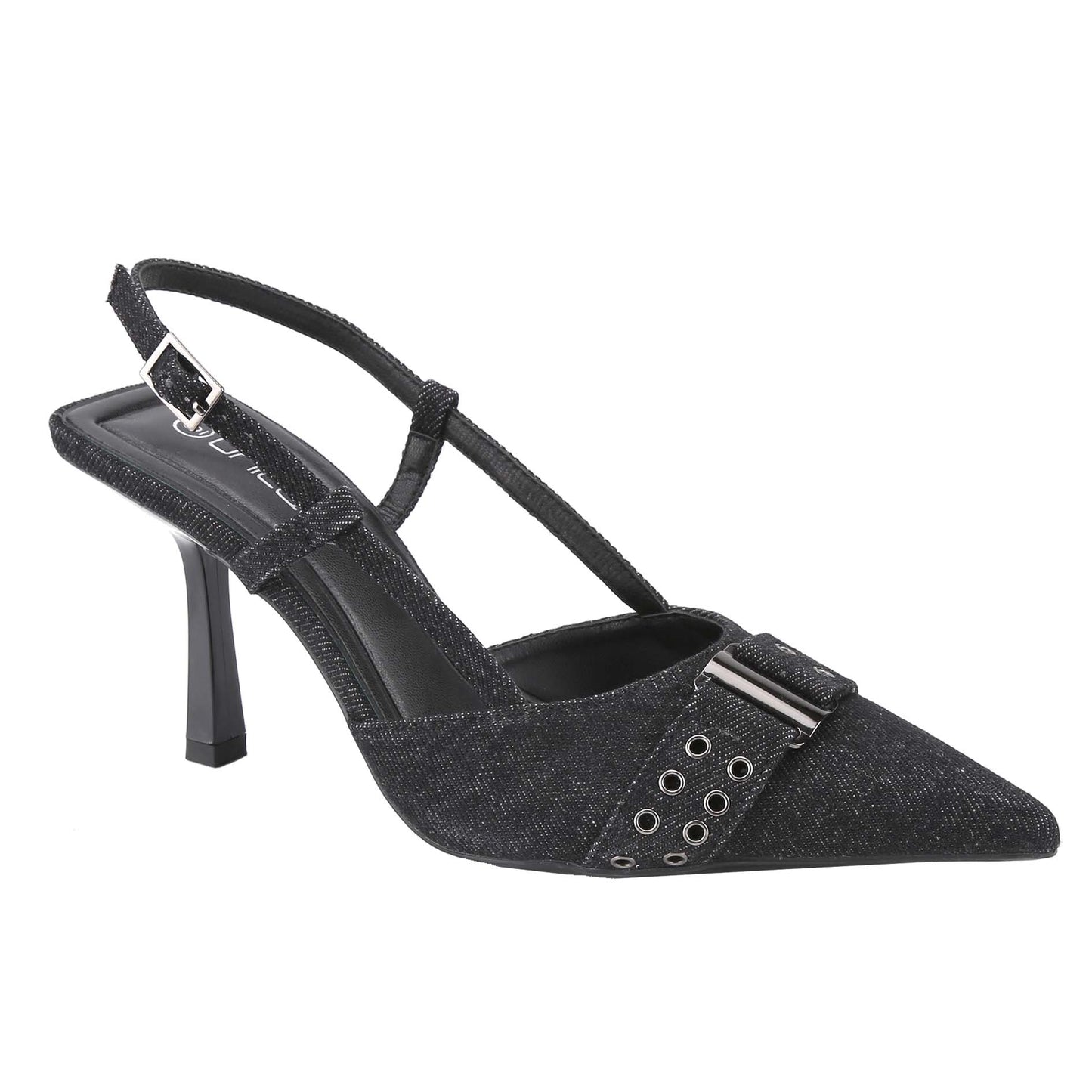Women's Denim Slingback Stiletto Heels Pointed Toe Strappy Pumps with Ankle Buckle