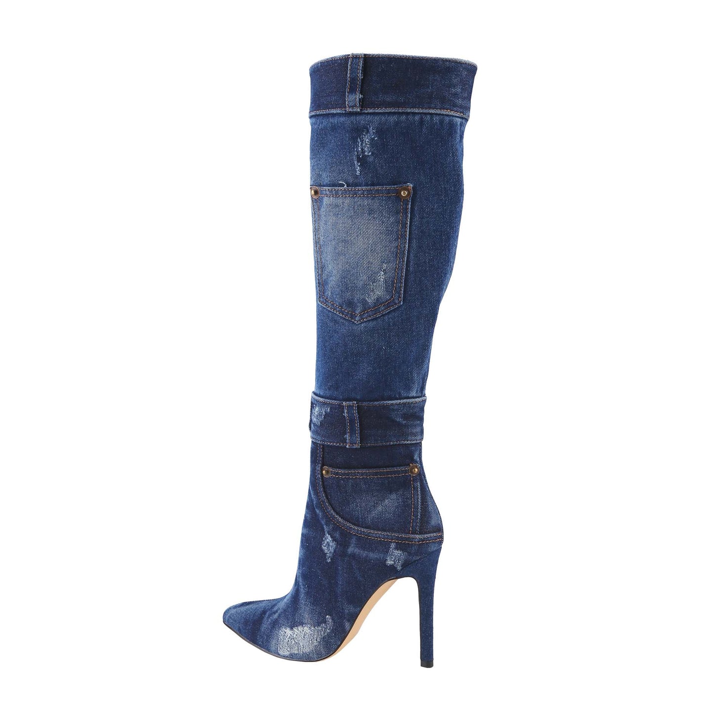 Women's Denim High-Heeled Mid-Calf Boots Pointed Toe, Comfortable Rubber Padded Sole, Elegant Casual Footwear (Order One Size Up)