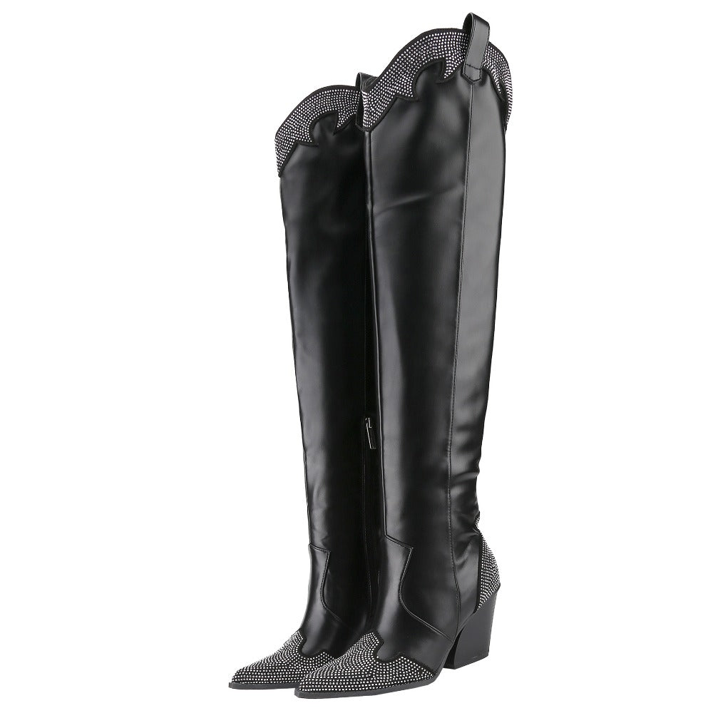 Comfortable Women's Rhinestone Long Boots Western Cowboy Style with Chunky Mid Heel and Pointed Toe