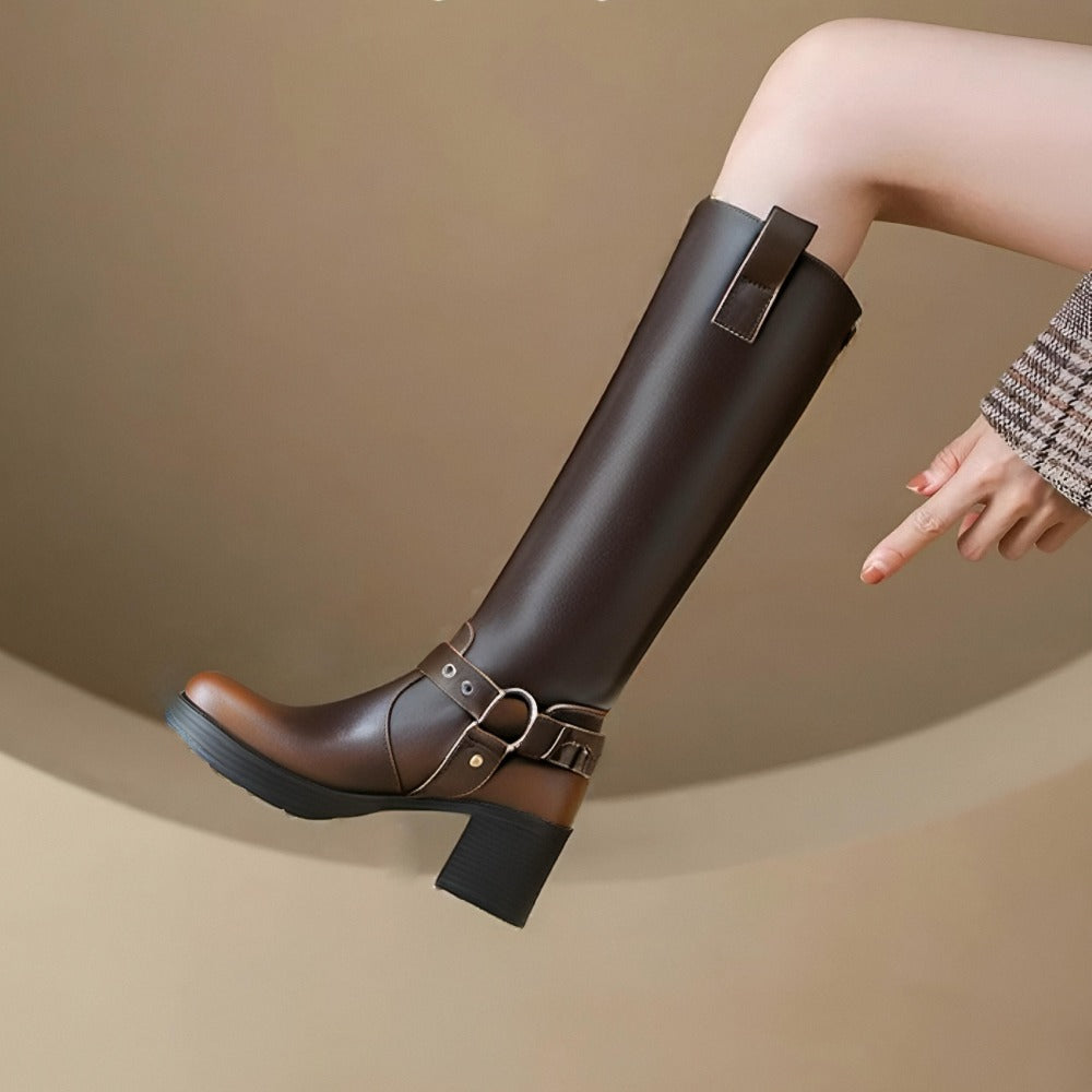 Women's round toe chunky heel tall boots, simple versatile comfortable boots.