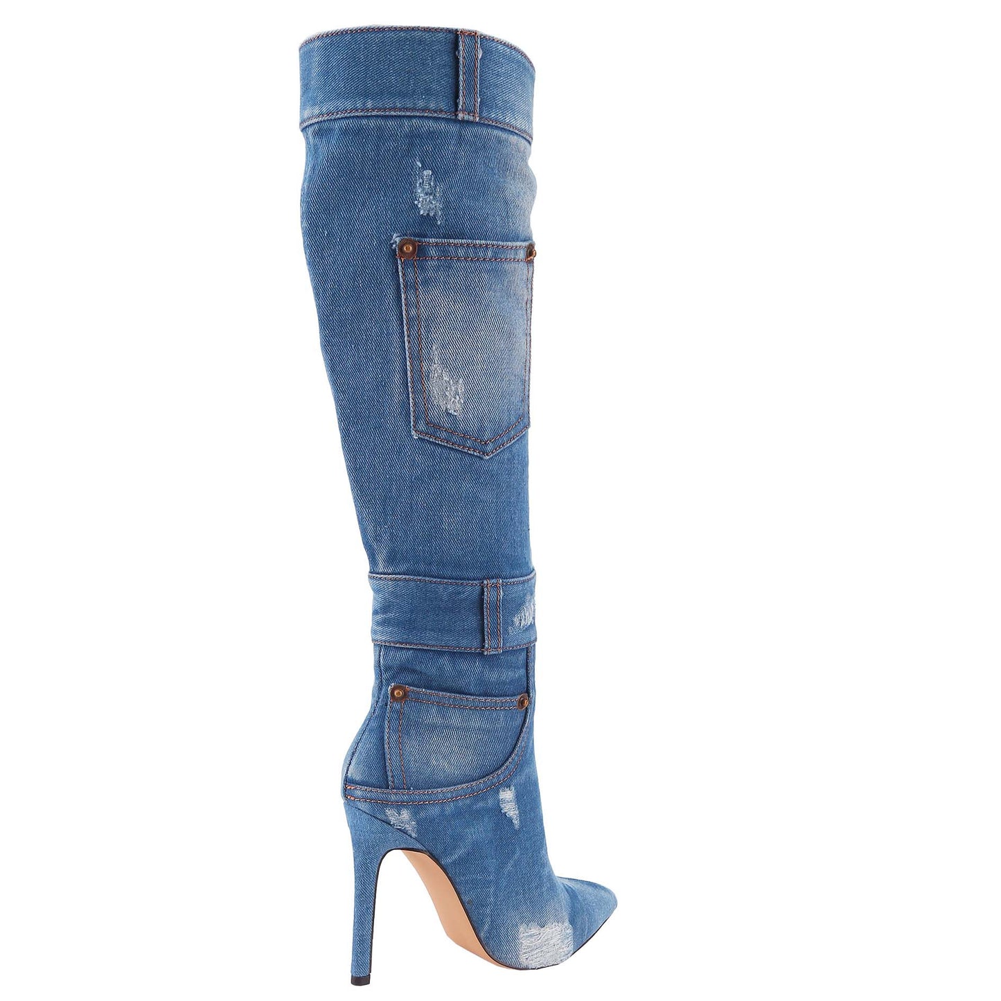 Women's Denim High-Heeled Mid-Calf Boots Pointed Toe, Comfortable Rubber Padded Sole, Elegant Casual Footwear (Order One Size Up)