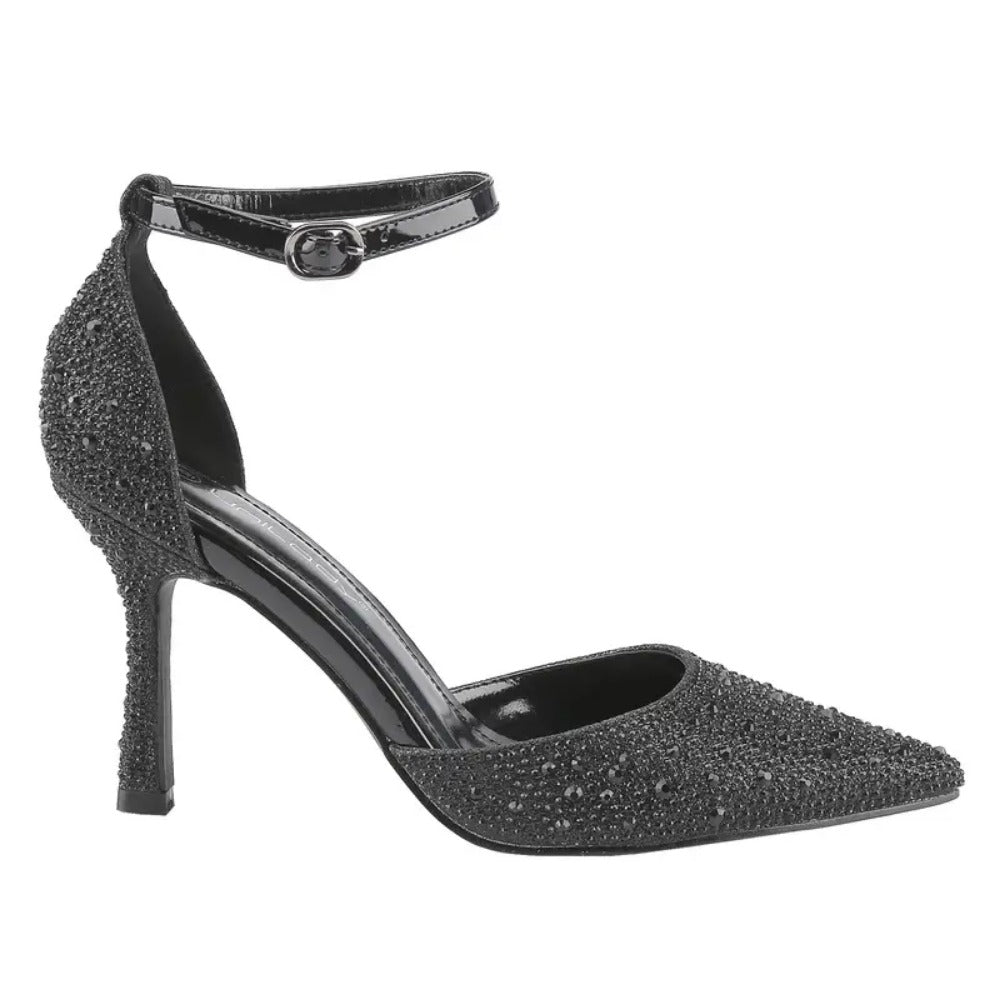 Women's single shoes, pointed toe shiny rhinestone ankle strap buckle stiletto heels, full diamond decoration elegant wedding party formal shoes