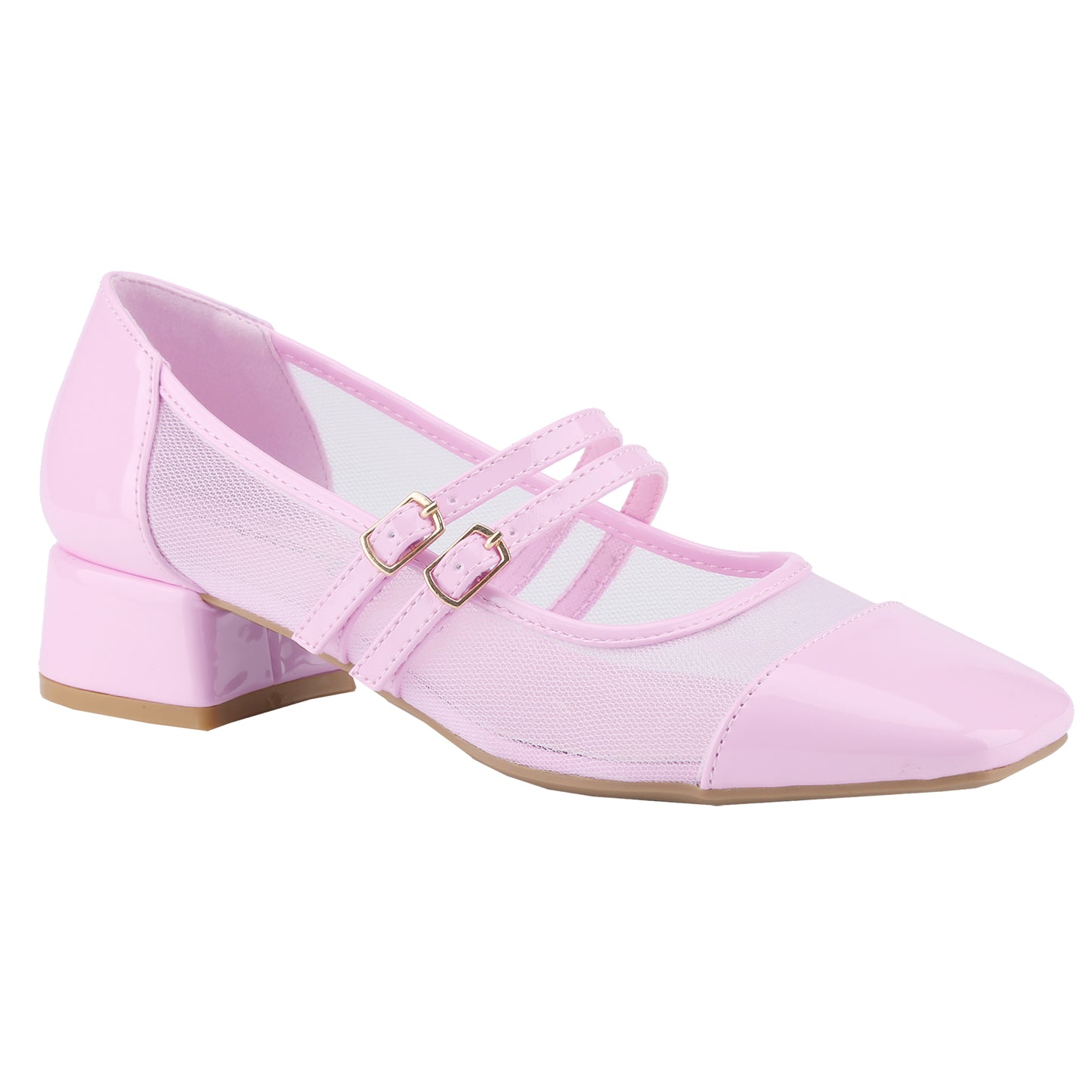Women's block-heeled square-toe heels, Mary Jane shoes with mesh and patent leather panels, mid-heel double buckled sandals