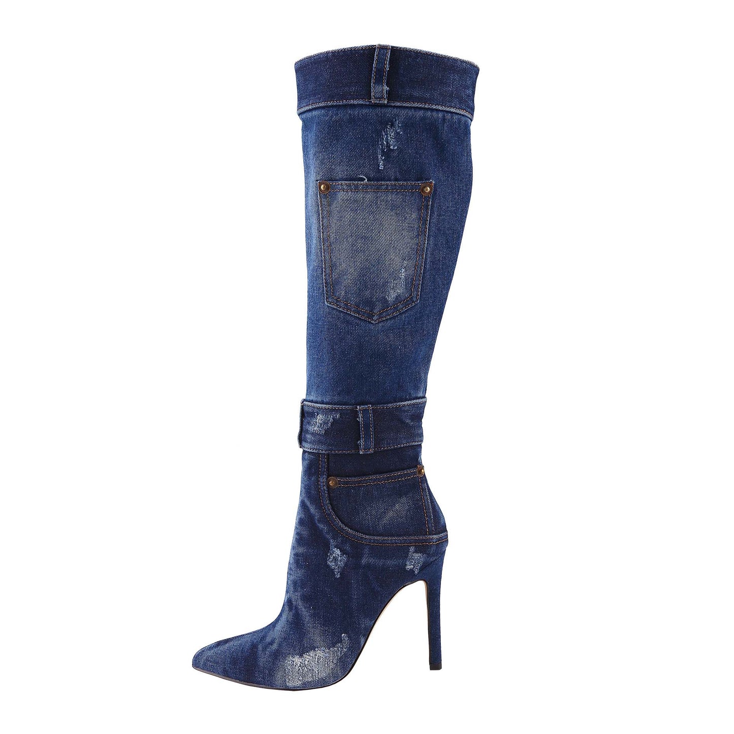 Women's Denim High-Heeled Mid-Calf Boots Pointed Toe, Comfortable Rubber Padded Sole, Elegant Casual Footwear (Order One Size Up)