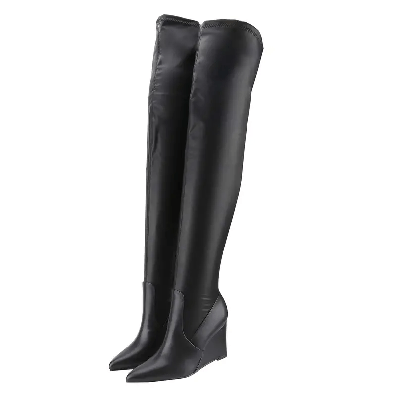 Women's Pointed Toe Wedge Knee-High Boots Stretch Fabric Over-the-Knee Design