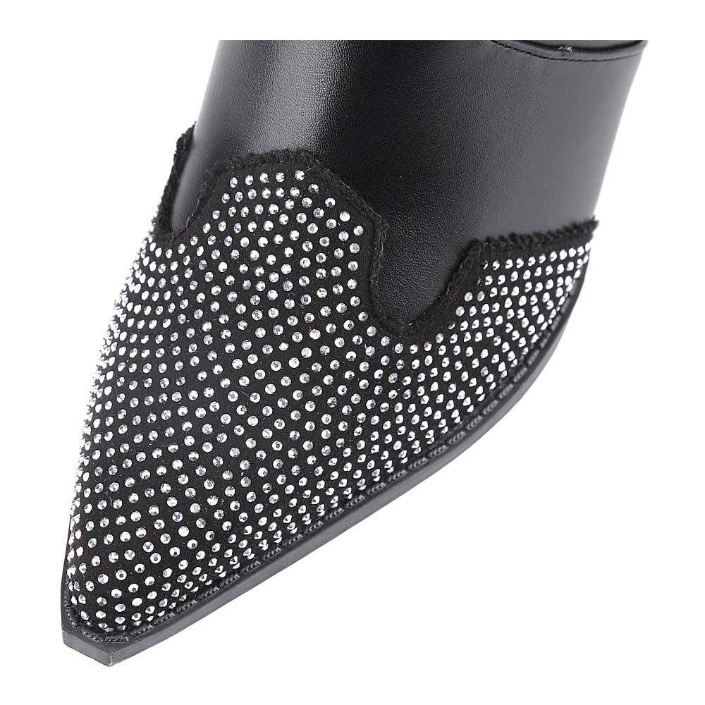 Comfortable Women's Rhinestone Long Boots Western Cowboy Style with Chunky Mid Heel and Pointed Toe