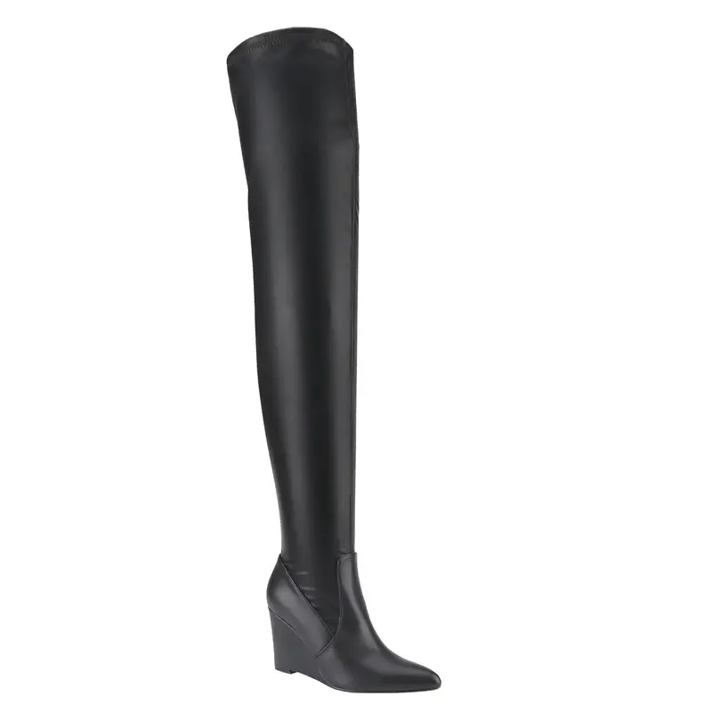 Women's Pointed Toe Wedge Knee-High Boots Stretch Fabric Over-the-Knee Design