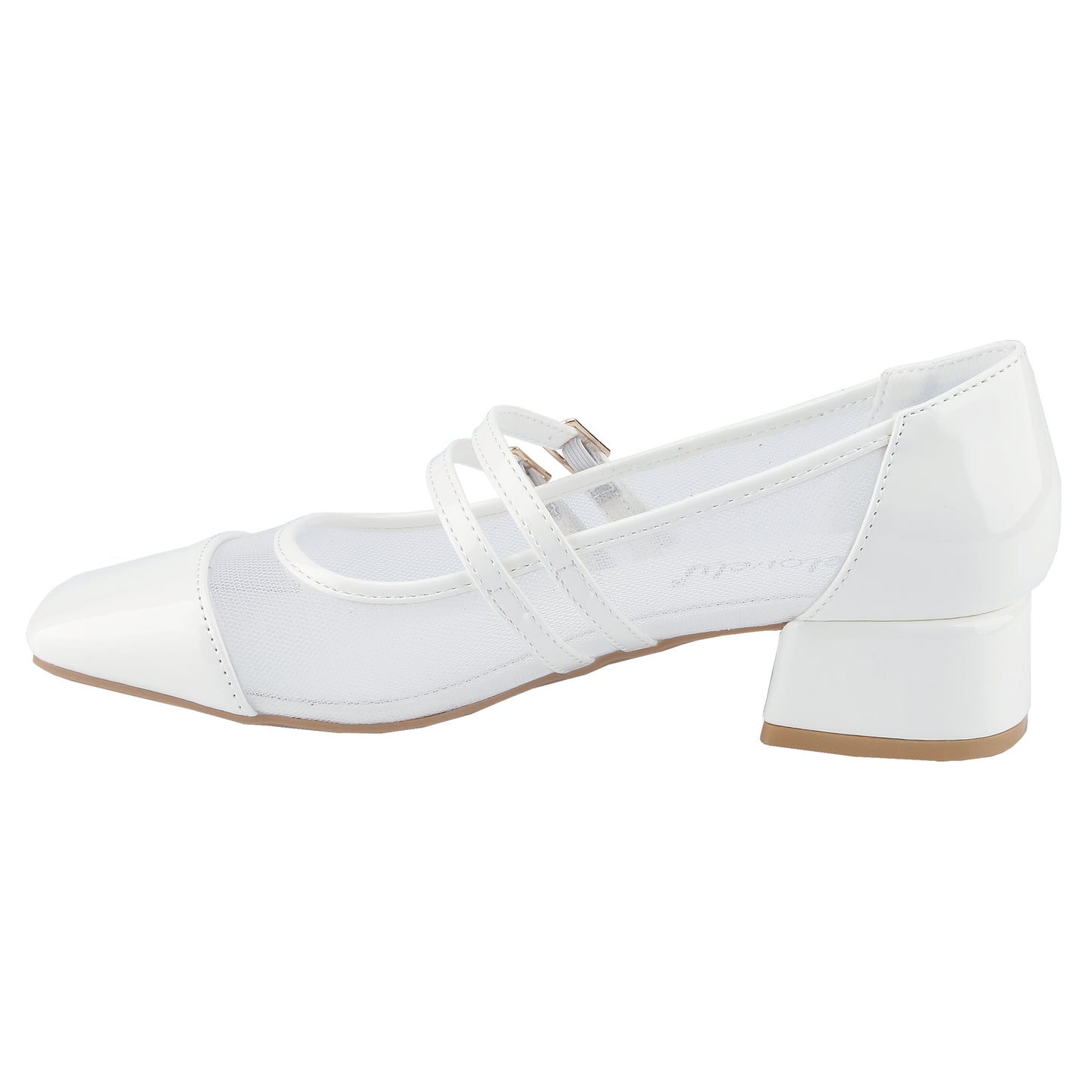 Women's block-heeled square-toe heels, Mary Jane shoes with mesh and patent leather panels, mid-heel double buckled sandals