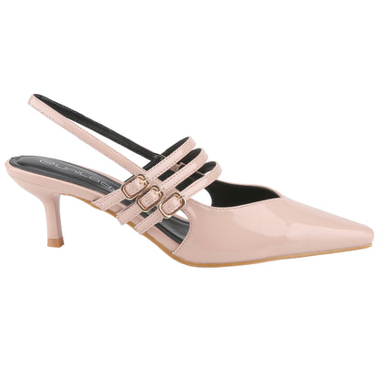 Women's pointed-toe patent leather heels, slingback ankle strap buckle sandals, low-heeled stiletto fashion party dress shoes