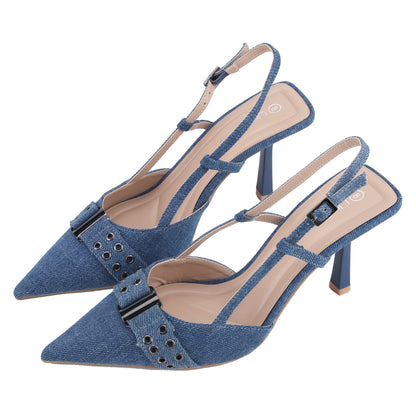 Women's Denim Slingback Stiletto Heels Pointed Toe Strappy Pumps with Ankle Buckle