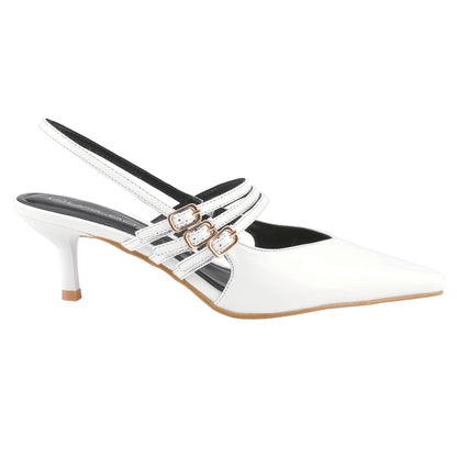 Women's pointed-toe patent leather heels, slingback ankle strap buckle sandals, low-heeled stiletto fashion party dress shoes