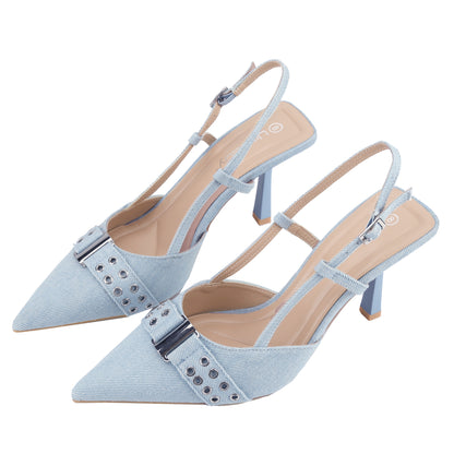 Women's Denim Slingback Stiletto Heels Pointed Toe Strappy Pumps with Ankle Buckle