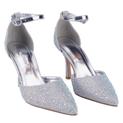 Women's single shoes, pointed toe shiny rhinestone ankle strap buckle stiletto heels, full diamond decoration elegant wedding party formal shoes