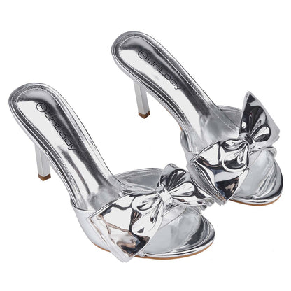 Women's stiletto sandals, big bow patent leather PU open toe dress high heels, party high heel sandals