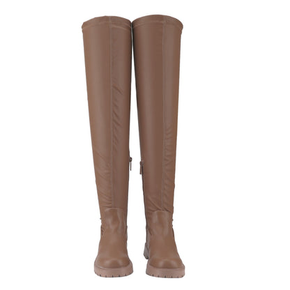 Women's Over-the-Knee Boots Round Toe Leather, Side Zipper Flat Heel, Plus Size and Comfortable Walking Boots with Amber Thick Sole