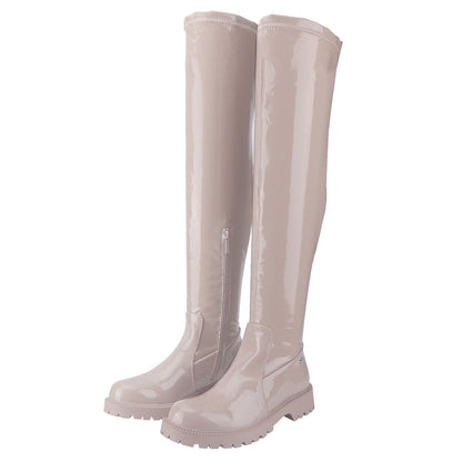 Womens Vintage Round Toe Long Flat Boots Comfortable Side Zip Riding Boots with Rubber Sole for Fall/Winter