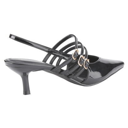 Women's pointed-toe patent leather heels, slingback ankle strap buckle sandals, low-heeled stiletto fashion party dress shoes