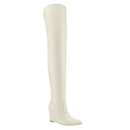 Women's Pointed Toe Wedge Knee-High Boots Stretch Fabric Over-the-Knee Design