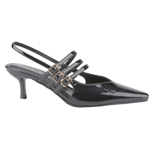 Women's pointed-toe patent leather heels, slingback ankle strap buckle sandals, low-heeled stiletto fashion party dress shoes