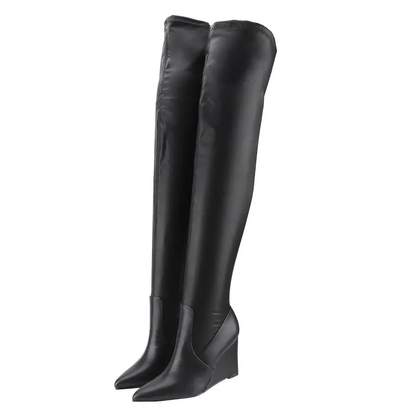 Women's Pointed Toe Wedge Knee-High Boots Stretch Fabric Over-the-Knee Design
