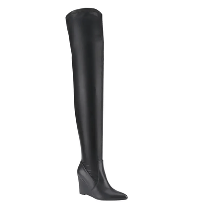 Women's Pointed Toe Wedge Knee-High Boots Stretch Fabric Over-the-Knee Design